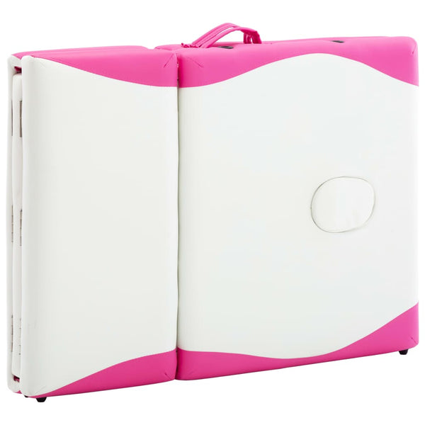 vidaXL Foldable 4-Zone Massage Table with Wooden Frame White and Pink