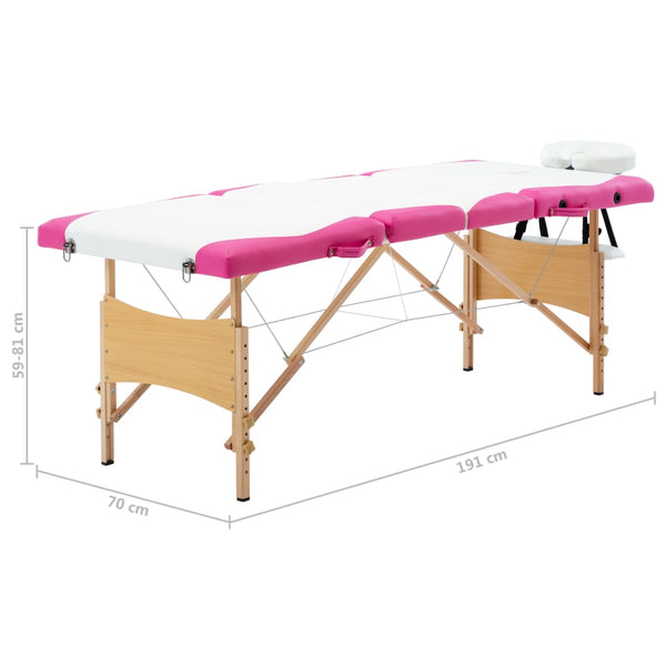 vidaXL Foldable 4-Zone Massage Table with Wooden Frame White and Pink