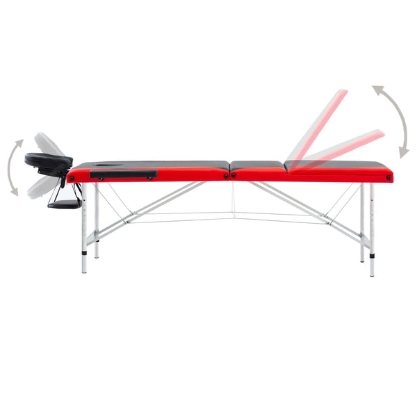 vidaXL 3-Zone Foldable Massage Table Aluminum Frame Black and Red