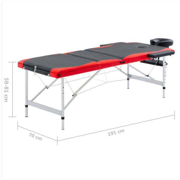 vidaXL 3-Zone Foldable Massage Table Aluminum Frame Black and Red
