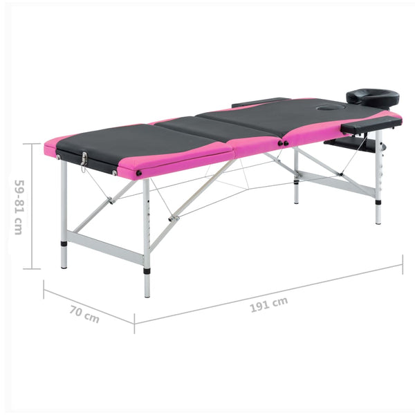 vidaXL Foldable Massage Table 3-Zone Aluminum Frame Black and Pink