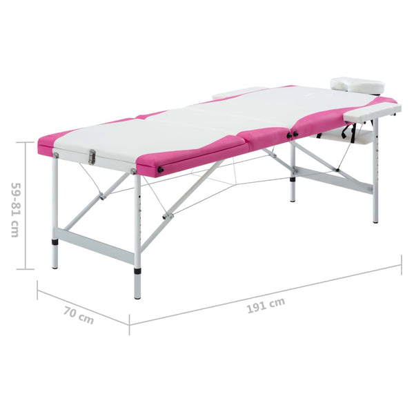 vidaXL Foldable Massage Table 3-Zone Aluminum Frame White and Pink