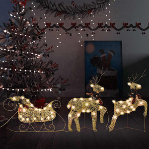 vidaXL Christmas Decoration Reindeer & Sleigh 60 LEDs Outdoor Golden
