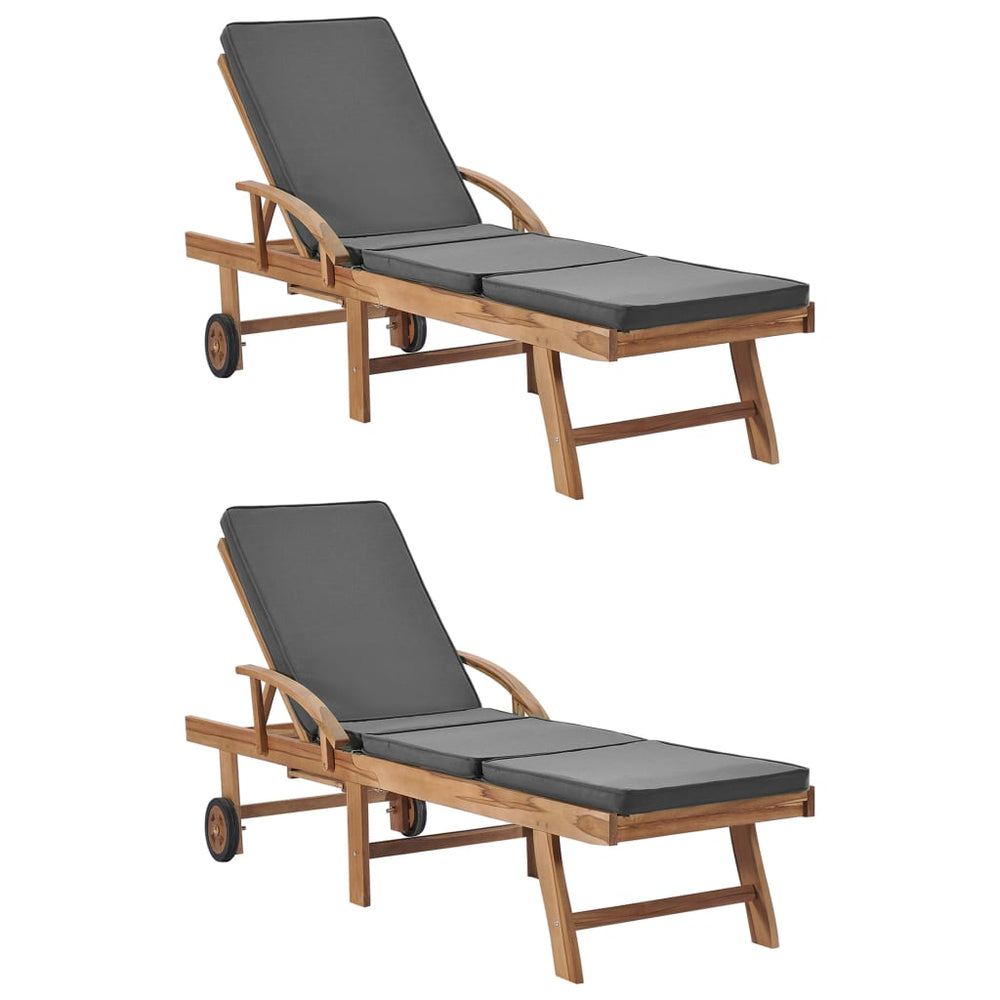 vidaXL Sun Loungers with Cushions 2 pcs. Solid Teak Wood Dark Grey
