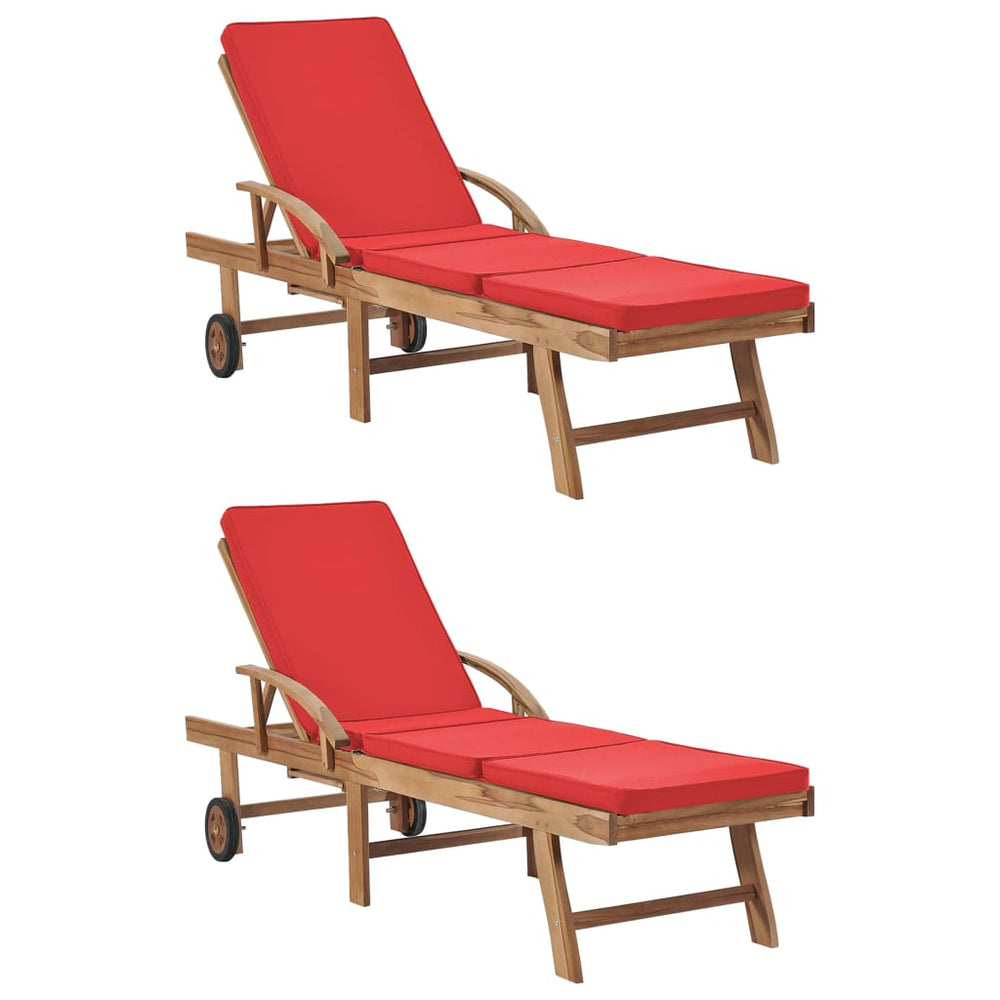 vidaXL Sun Loungers with Cushions 2 pcs Solid Teak Red