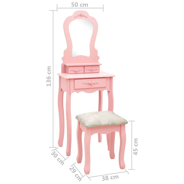 vidaXL Dressing Table Set with Stool Pink 50x59x136 cm Paulownia Wood