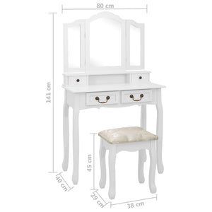 vidaXL Dressing Table Set with Stool White 80x69x141cm Paulownia Wood
