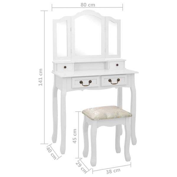 vidaXL Dressing Table Set with Stool White 80x69x141cm Paulownia Wood