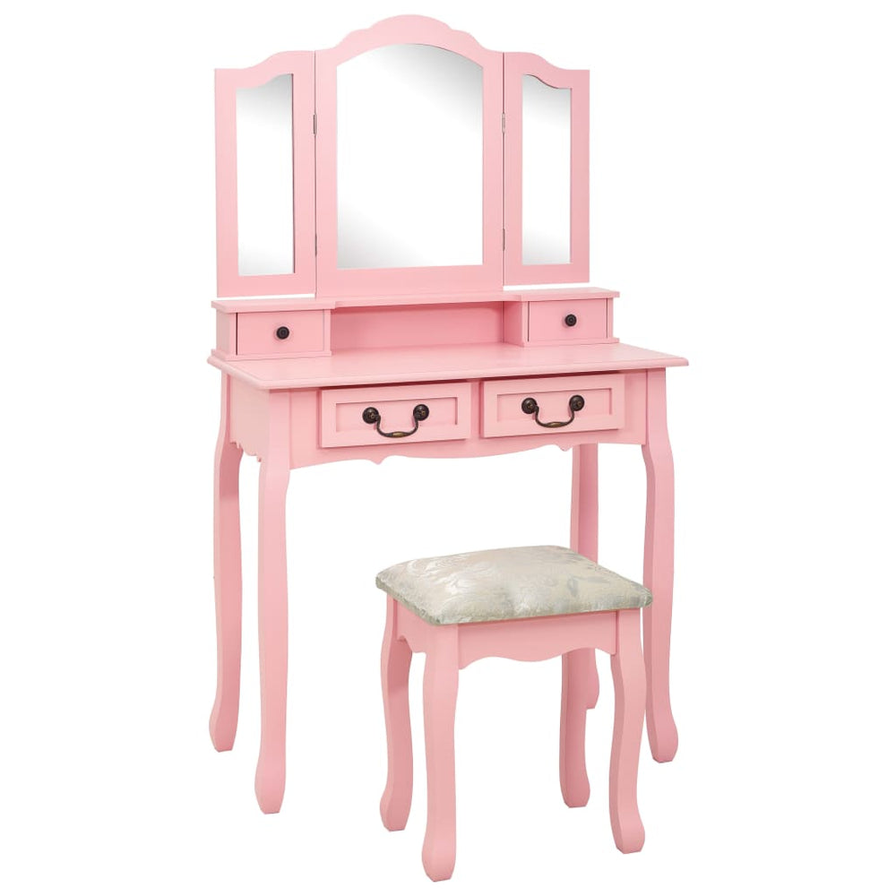 vidaXL Dressing Table Set with Stool Pink 80x69x141 cm Paulownia Wood