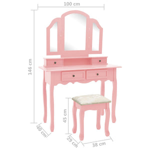 vidaXL Dressing Table Set with Stool Pink 100x40x146 cm Paulownia Wood