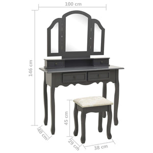 vidaXL Dressing Table Set with Stool Grey 100x40x146 cm Paulownia Wood