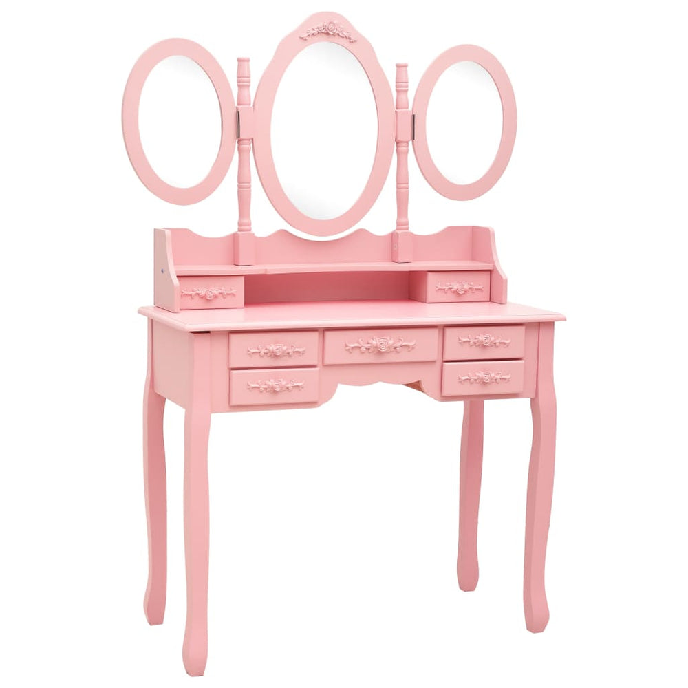 vidaXL Dressing Table with Stool and Triple Mirror Pink