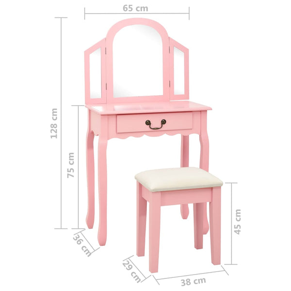 vidaXL Dressing Table with Stool Pink 65x36x128 cm Paulownia Wood MDF