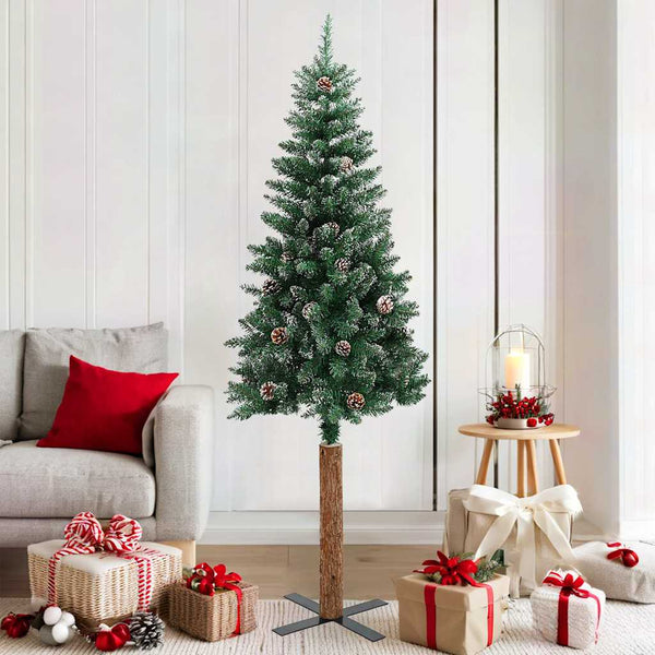 vidaXL Slim Christmas Tree with Real Wood and Snow Green 180 cm
