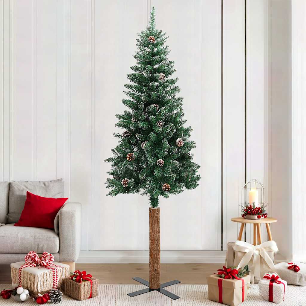 vidaXL Slim Christmas Tree with Real Wood and Snow Green 210 cm