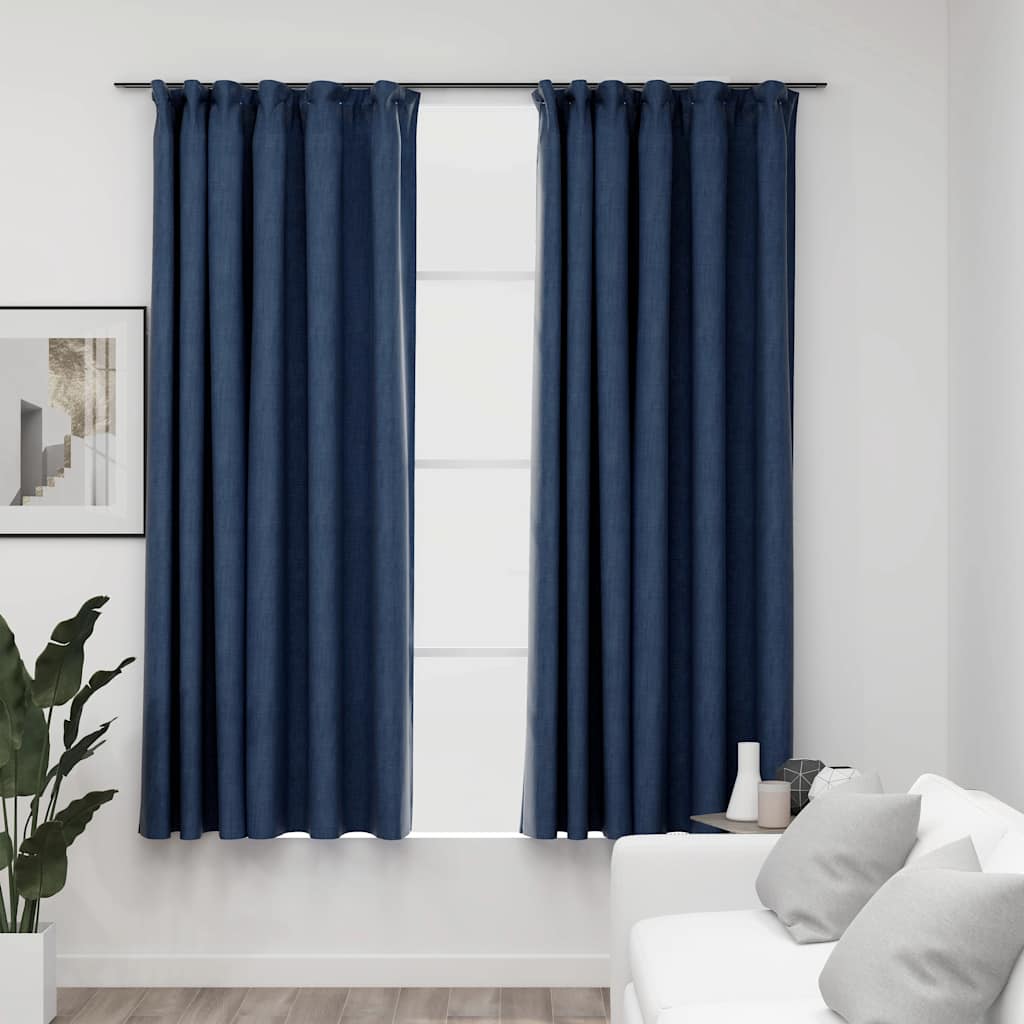 vidaXL Blackout Curtains with Hooks Linen Look 2 pcs Blue 140x175 cm