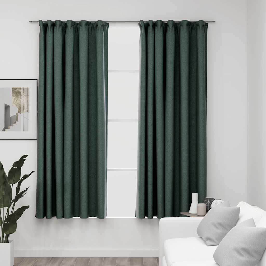 vidaXL Blackout Curtains Hooks Linen Look 2 pcs Green 140x175 cm