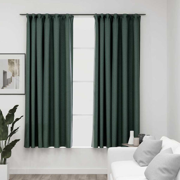 vidaXL Blackout Curtains Hooks Linen Look 2 pcs Green 140x175 cm
