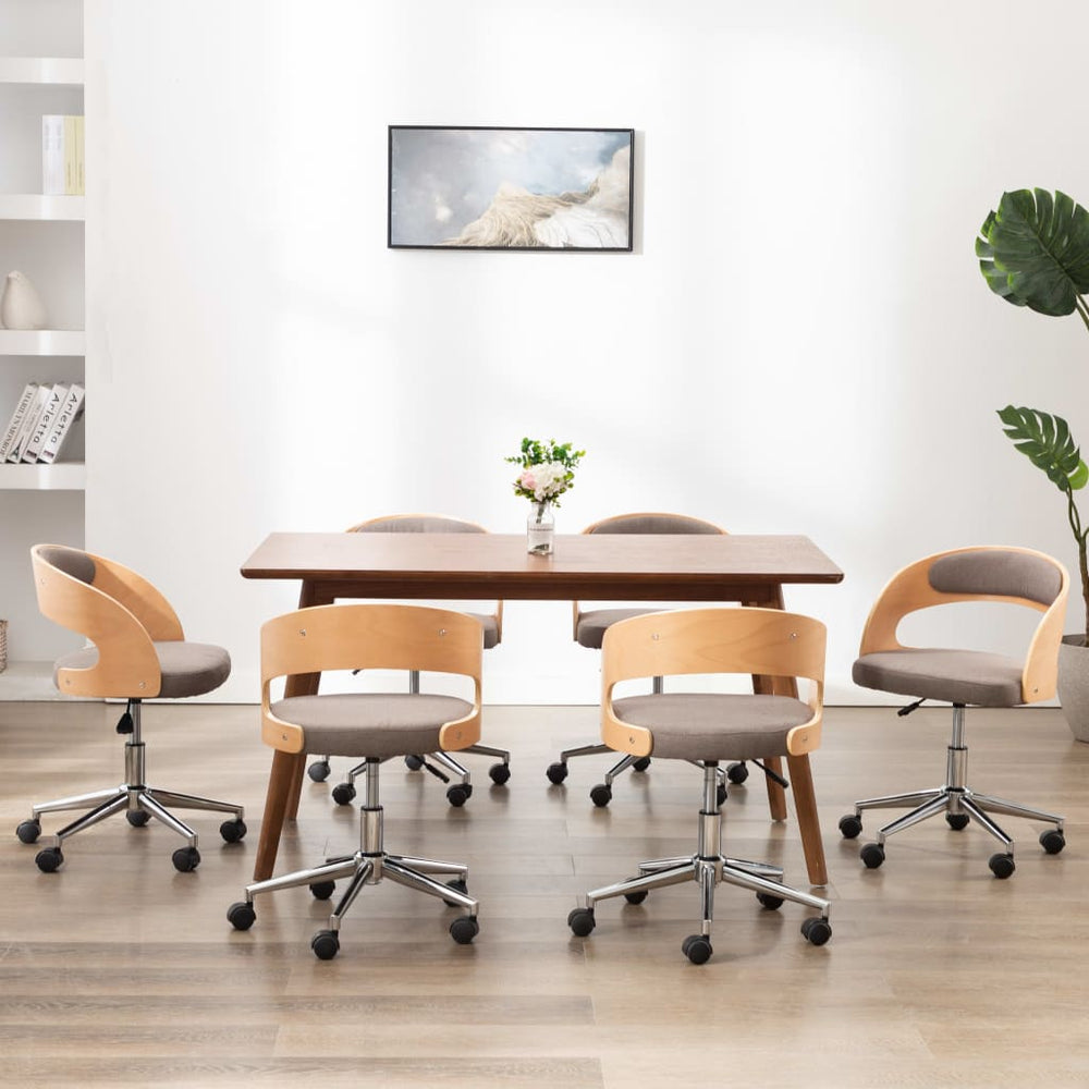 vidaXL Swivel Dining Chairs 6 pcs Taupe Bentwood and Fabric