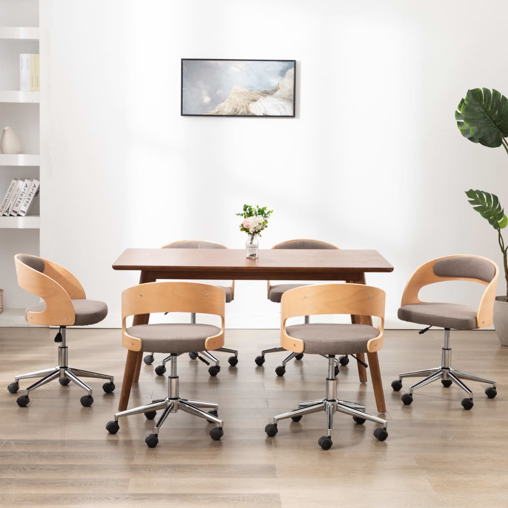 vidaXL Swivel Dining Chairs 6 pcs Taupe Bentwood and Fabric