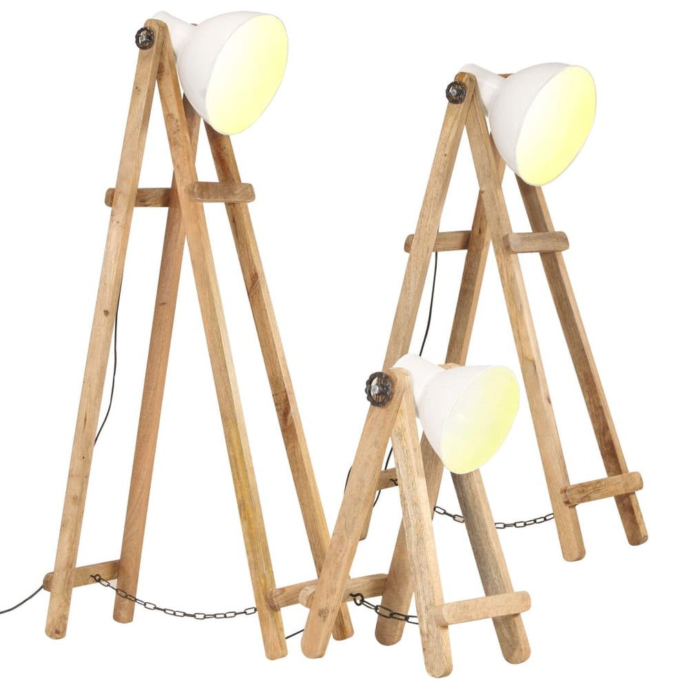 3er Set Stehlampen Weiß Mango Massivholz E27