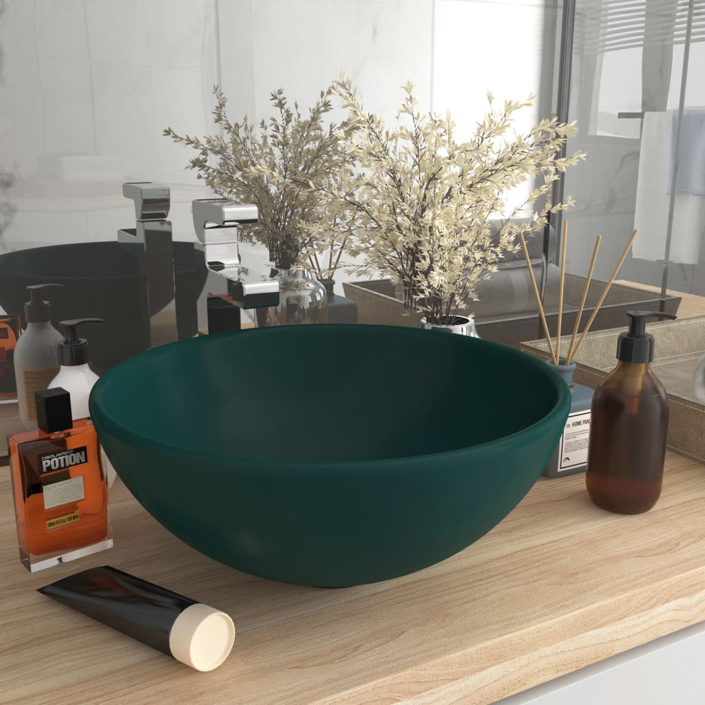 vidaXL Luxury Round Sink Matte Dark Green 32.5x14 cm Ceramic