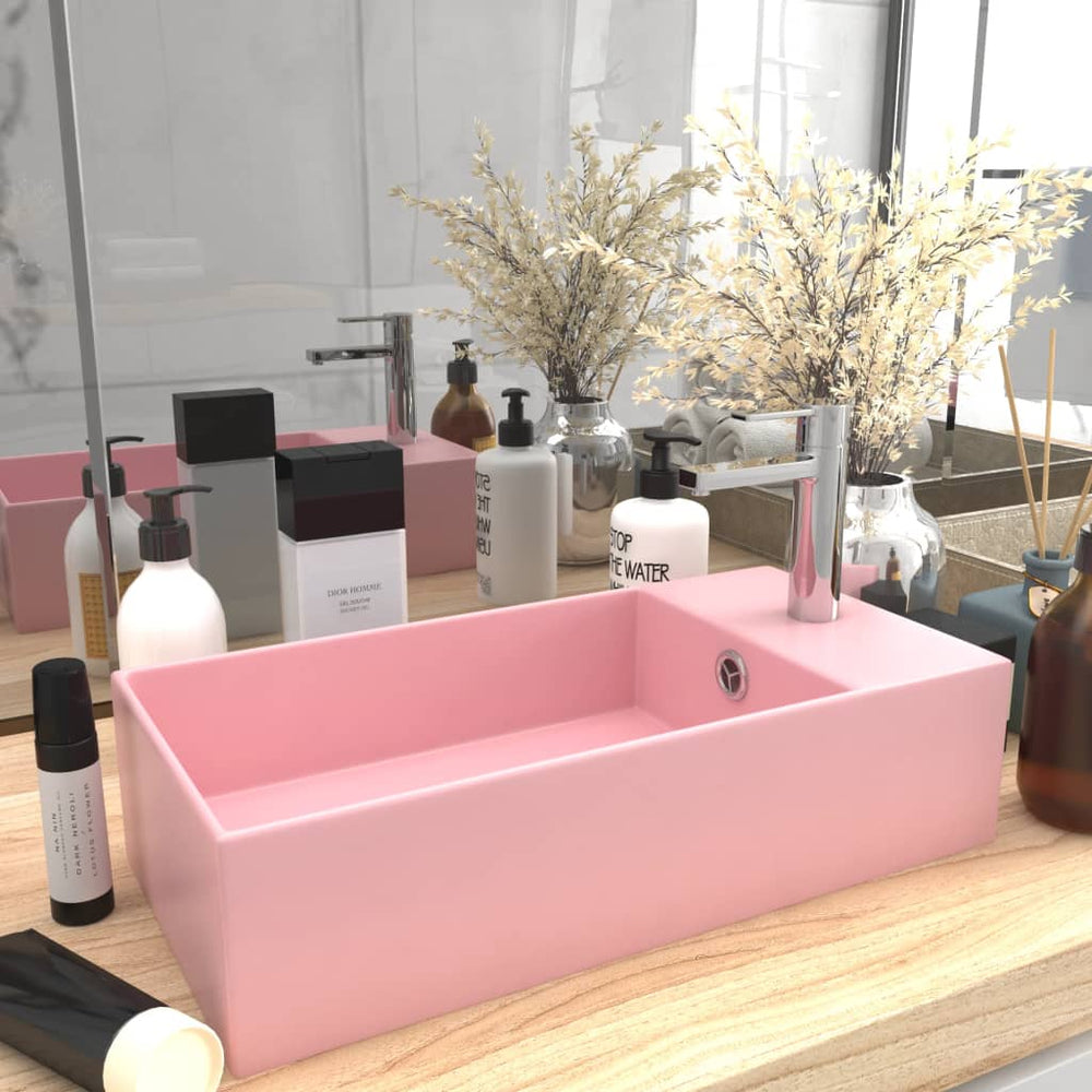 vidaXL Bathroom Sink with Overflow Ceramic Matte Pink