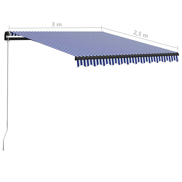 vidaXL Manual Retractable Awning with LED 300x250 cm Blue & White