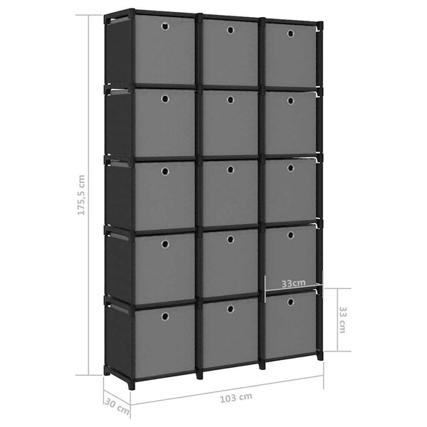 vidaXL Cube Storage Unit with Boxes 15 Compartments Black 103x30x175.5 cm Fabric