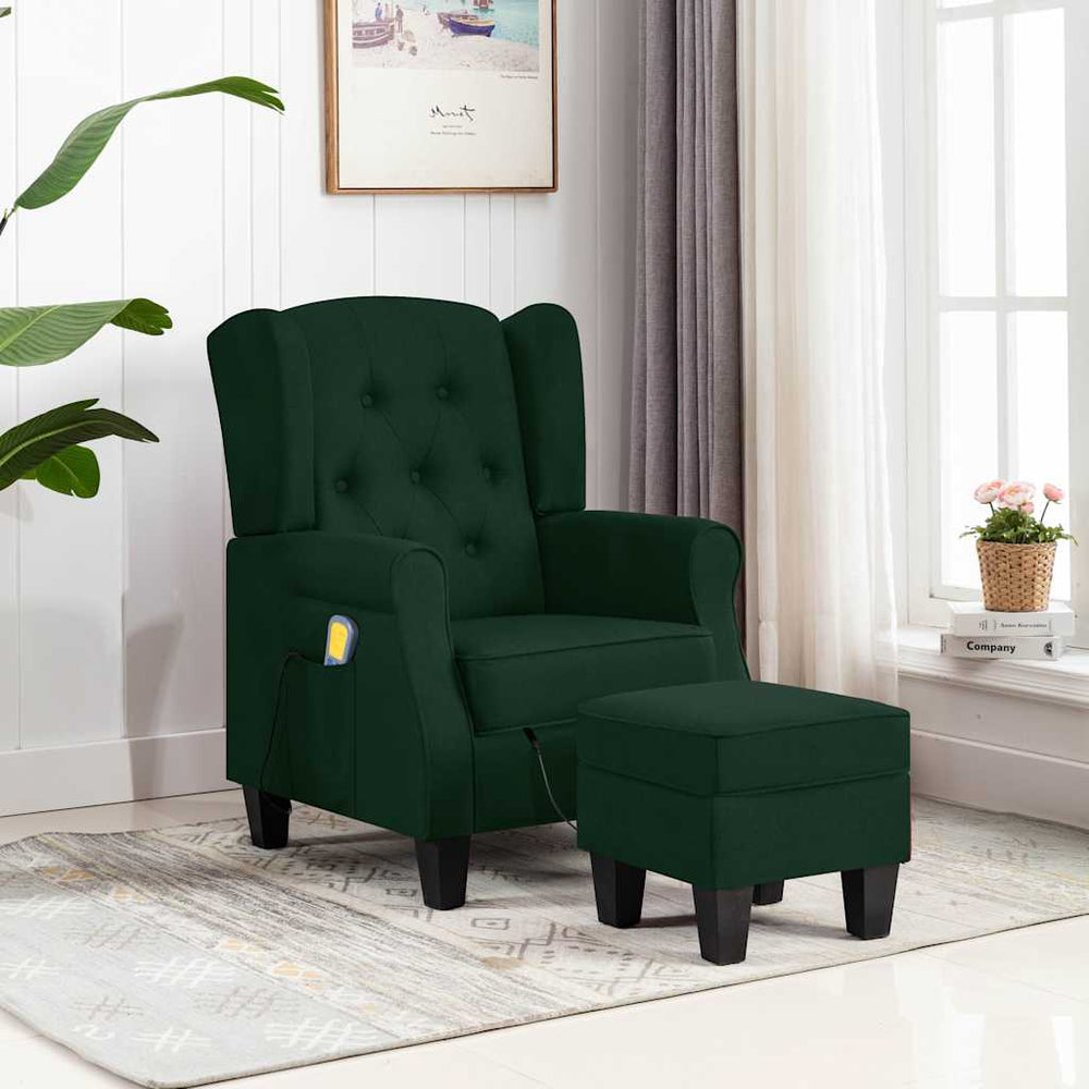 vidaXL Massage Armchair with Footstool Dark Green Fabric