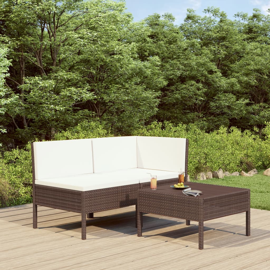 vidaXL 3-Piece Garden Lounge Set with Cushions Poly Rattan Brown