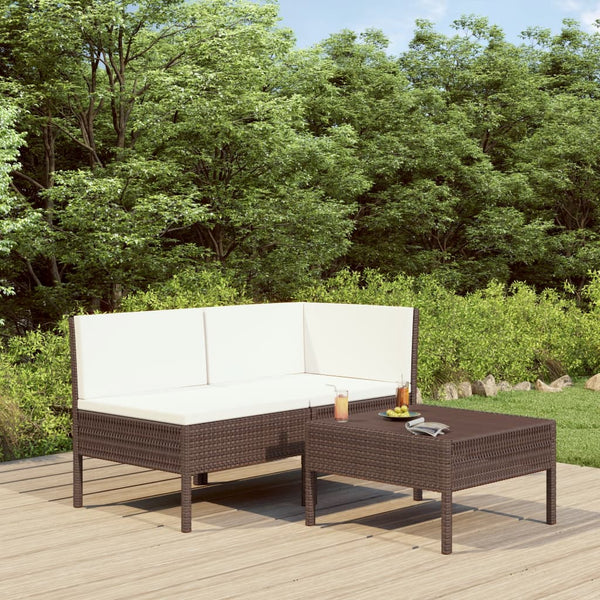 vidaXL 3-Piece Garden Lounge Set with Cushions Poly Rattan Brown