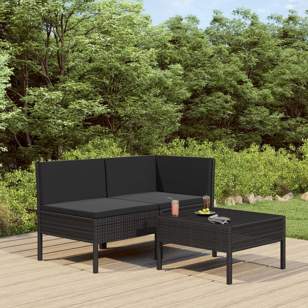 vidaXL 3-Piece Garden Lounge Set with Cushions Poly Rattan Black