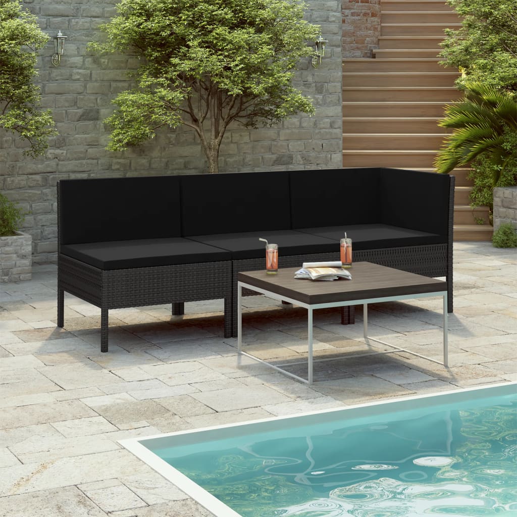 vidaXL 3-Piece Garden Lounge Set with Cushions Poly Rattan Black