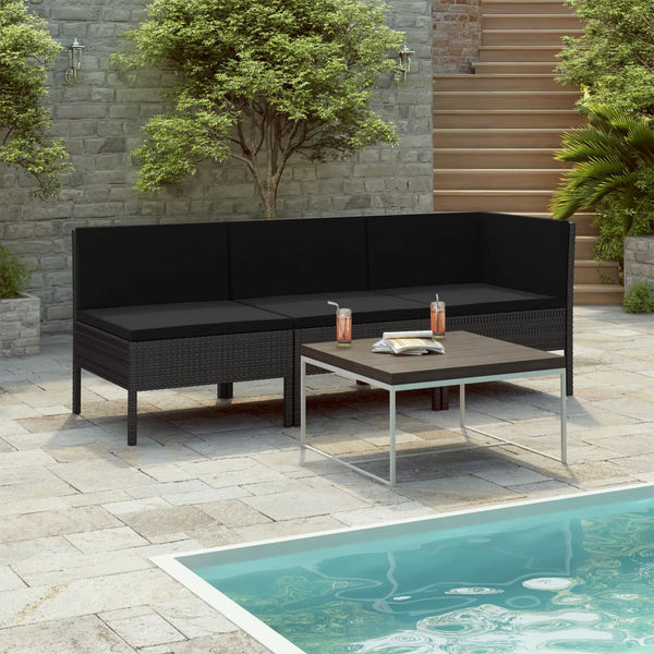 vidaXL 3-Piece Garden Lounge Set with Cushions Poly Rattan Black