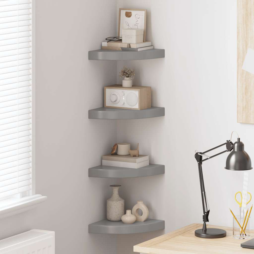 vidaXL Corner Floating Shelves 4 pcs. High Gloss Grey 25x25x3.8 cm MDF