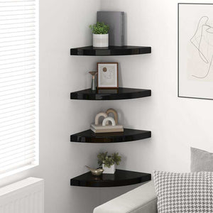 vidaXL Corner Floating Shelves 4 pcs. High Gloss Black 35x35x3.8 cm MDF