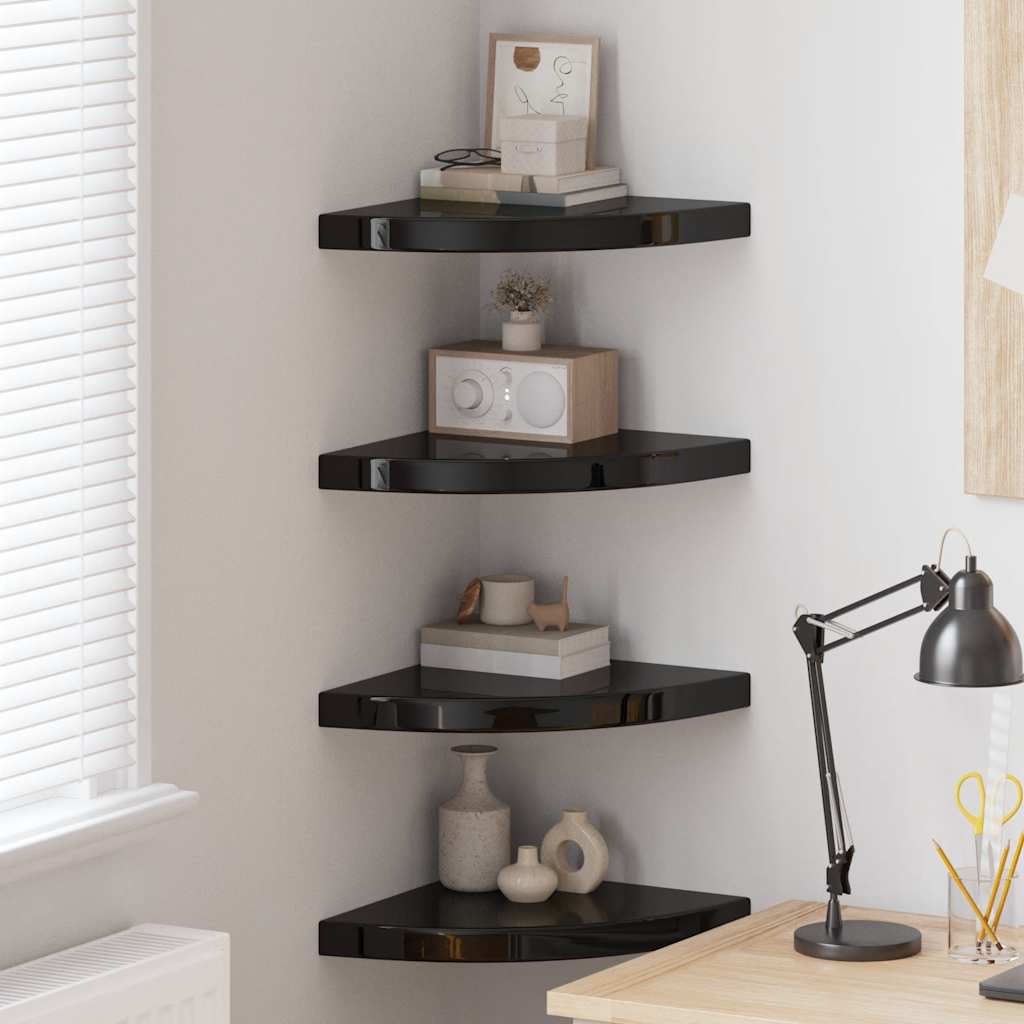 vidaXL Corner Floating Shelves 4 pcs. High Gloss Black 35x35x3.8 cm MDF