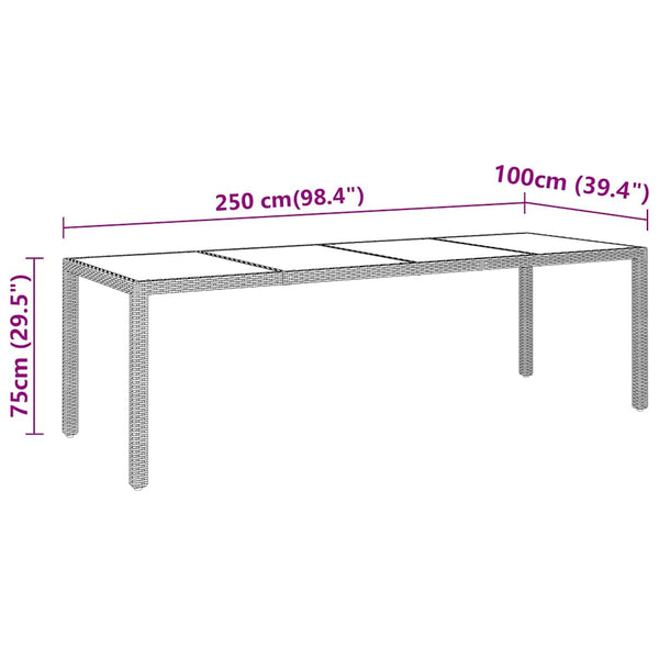 vidaXL Garden Table 250x100x75 cm Tempered Glass and Poly Rattan Black