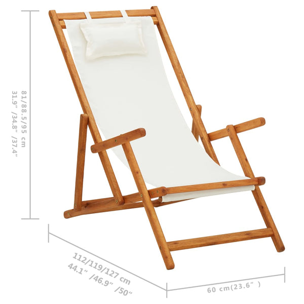 vidaXL Foldable Beach Chair Solid Eucalyptus Wood and Fabric Cream