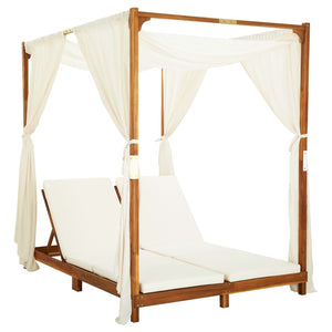 vidaXL Double Sun Lounger with Curtains and Cushions Solid Acacia Wood