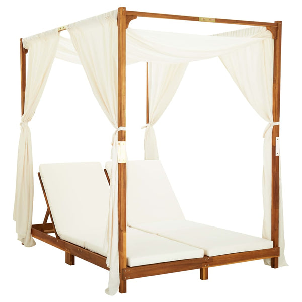 vidaXL Double Sun Lounger with Curtains and Cushions Solid Acacia Wood