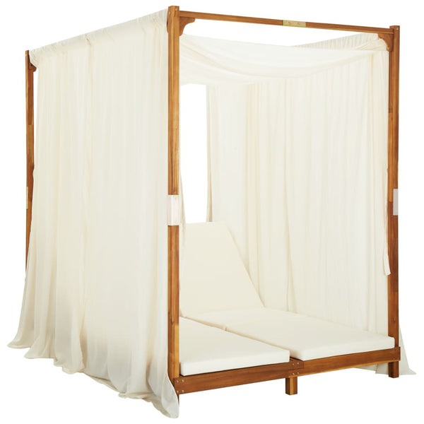 vidaXL Double Sun Lounger with Curtains and Cushions Solid Acacia Wood
