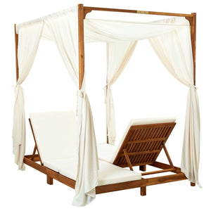 vidaXL Double Sun Lounger with Curtains and Cushions Solid Acacia Wood