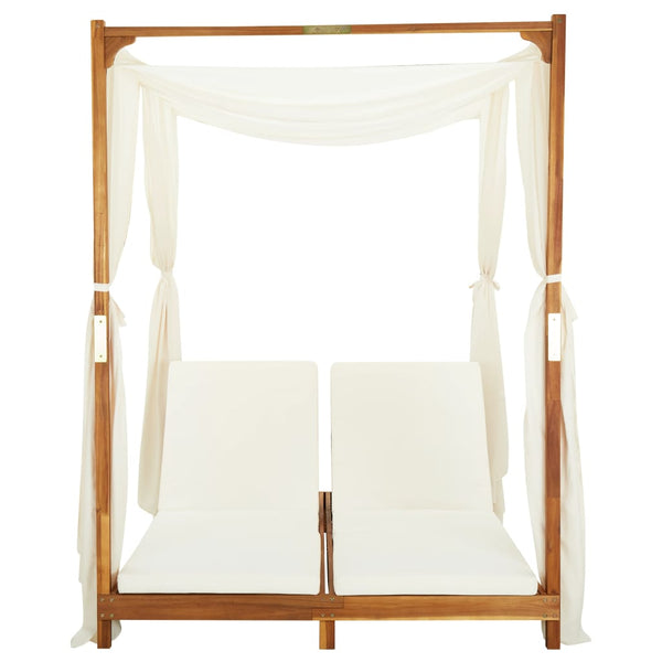 vidaXL Double Sun Lounger with Curtains and Cushions Solid Acacia Wood