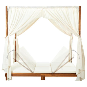 vidaXL Double Sun Lounger with Curtains and Cushions Solid Acacia Wood