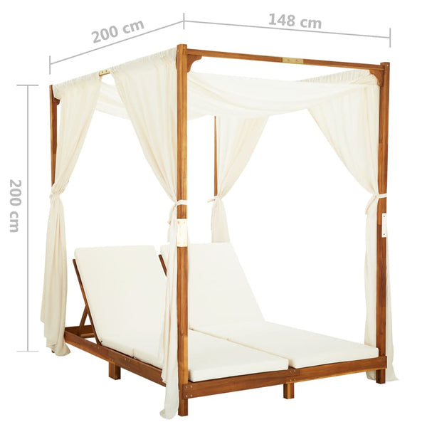 vidaXL Double Sun Lounger with Curtains and Cushions Solid Acacia Wood