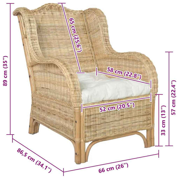 Natur-Rattan Sessel mit Leinenkissen