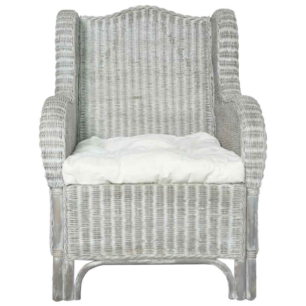 Grauer Rattan Sessel mit Leinenkissen