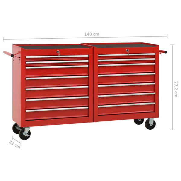 vidaXL 14-Drawer Steel Rolling Tool Cabinet Red